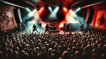 Live metal concert scene with bands performing on a smoke-filled stage, intense red and blue lights, and a packed crowd headbanging.
