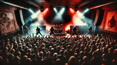 Live metal concert scene with bands performing on a smoke-filled stage, intense red and blue lights, and a packed crowd headbanging.