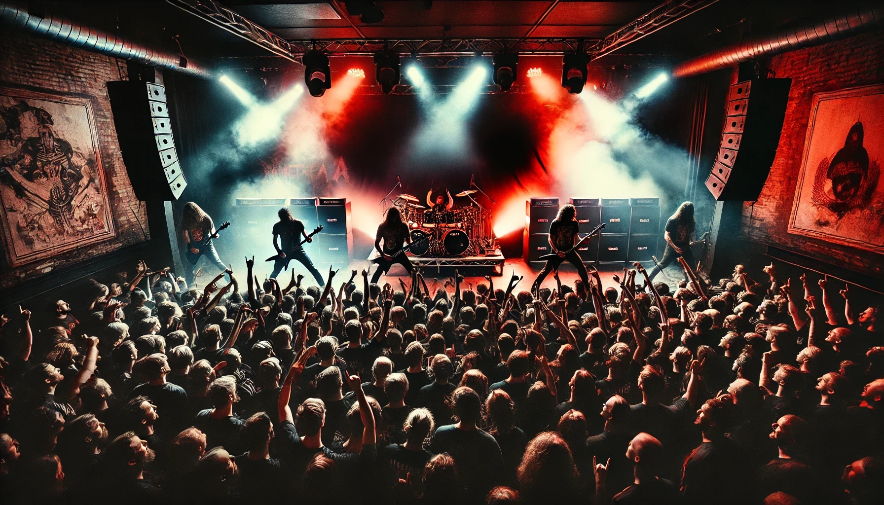 Live metal concert scene with bands performing on a smoke-filled stage, intense red and blue lights, and a packed crowd headbanging.