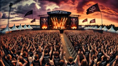 Massive crowd of metal fans at Summer Breeze 2024 festival, with intense stage lights, smoke, pyrotechnics, and fiery sunset sky.