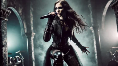Inspired by Vera Farmiga as a heavy metal frontwoman on a dark, misty stage, gripping a microphone with intense expression, wearing edgy silver and leather attire.