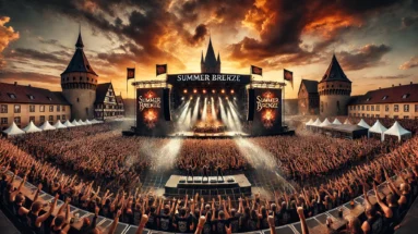 A cinematic depiction of Summer Breeze 2025 in Dinkelsbühl, Germany, featuring a massive metal festival crowd, an electrifying stage with pyrotechnics, and medieval architecture in the background under a dramatic evening sky.