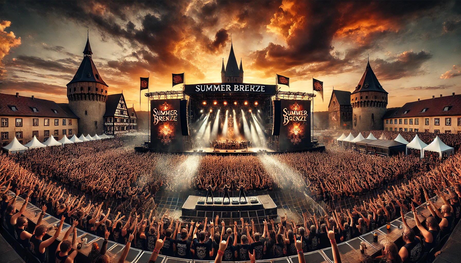 A cinematic depiction of Summer Breeze 2025 in Dinkelsbühl, Germany, featuring a massive metal festival crowd, an electrifying stage with pyrotechnics, and medieval architecture in the background under a dramatic evening sky.