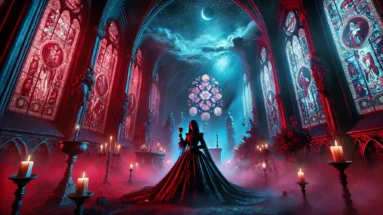 A dark and gothic scene inspired by BlutEngel, featuring a crimson-lit cathedral surrounded by mist, a mysterious figure in elegant gothic attire holding a chalice, and a dramatic night sky, exuding a darkwave and romantic gothic atmosphere.