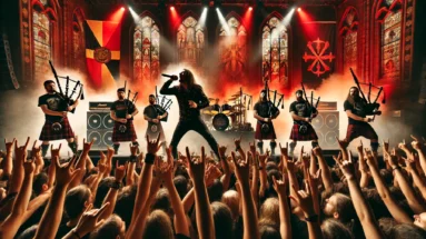 Medieval-inspired rock concert with Saltatio Mortis performing under red and golden lights, evoking rebellion and energy.