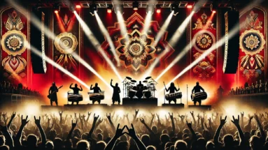 Inspired by Bloodywood performing live at Amager Bio in Copenhagen, showcasing a fusion of Indian folk instruments and powerful metal energy with vibrant stage lighting and an electrified crowd.