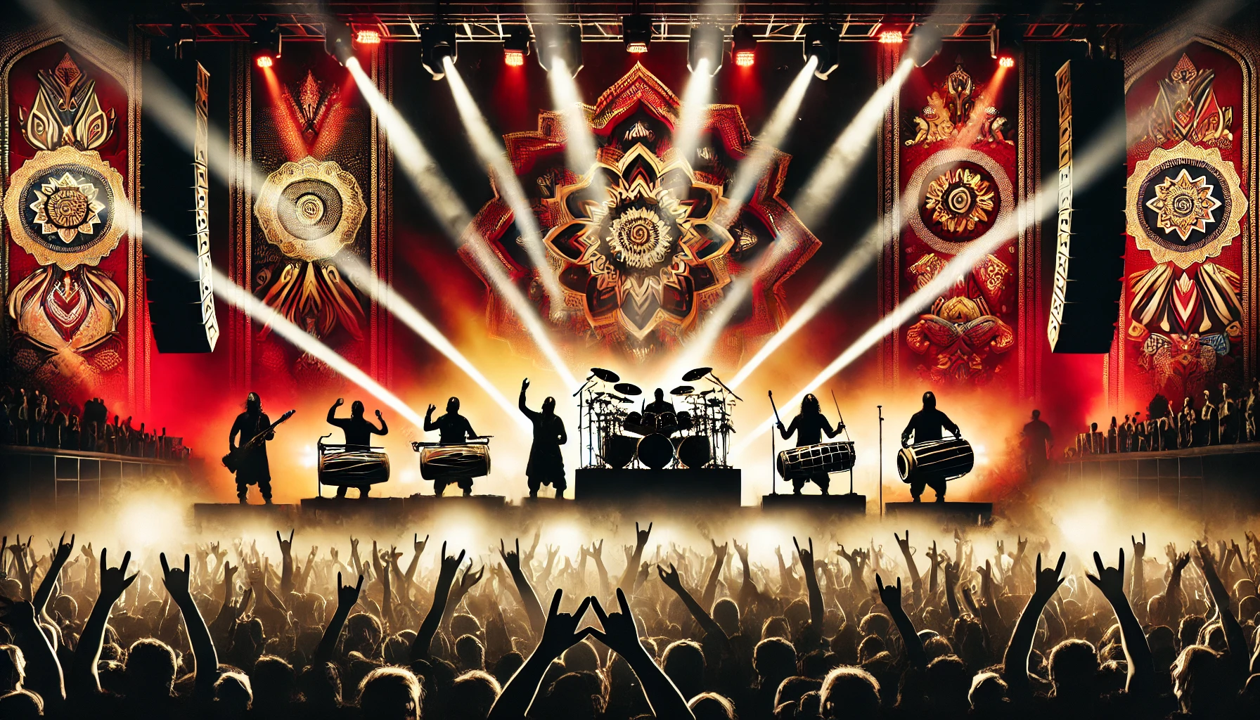 Inspired by Bloodywood performing live at Amager Bio in Copenhagen, showcasing a fusion of Indian folk instruments and powerful metal energy with vibrant stage lighting and an electrified crowd.