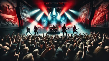 Live concert scene inspired by The Halo Effect, Pain, and Bloodred Hourglass performing in Copenhagen with intense red and blue stage lighting.