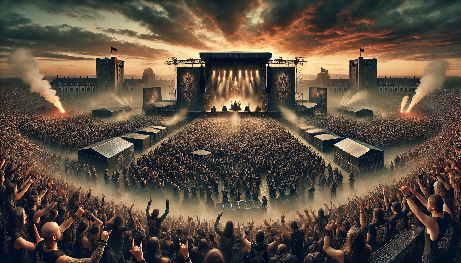 Iconic metal music festival scene with towering stages, dramatic twilight sky, pyrotechnics, a crowd of metalheads raising horns, and a gothic castle silhouette in the distance.