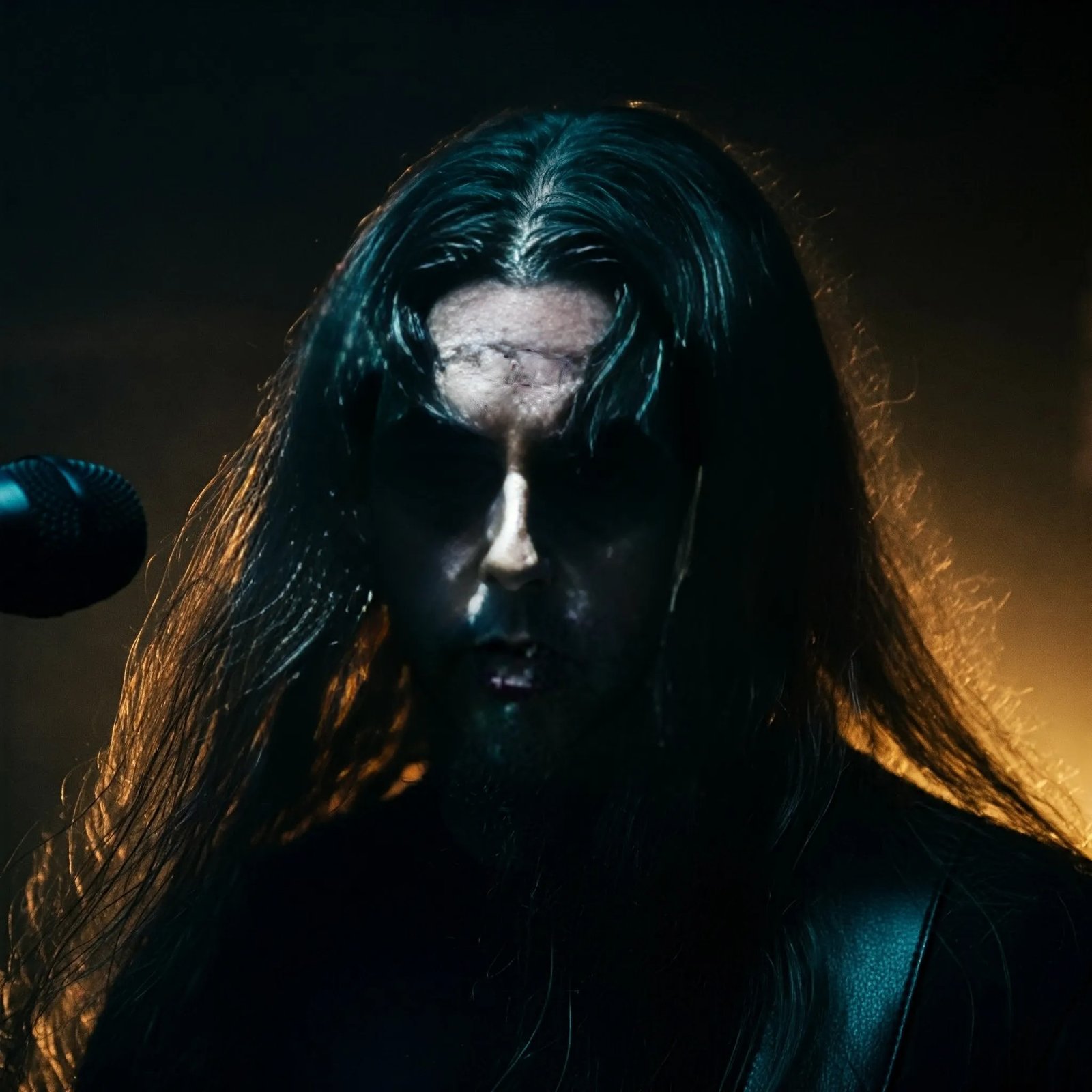 A black metalhead man performing on stage, with his face partially obscured in shadows and dramatic lighting giving an ominous effect.