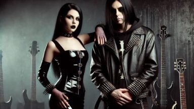 A gothic woman in a black PVC dress standing next to a black metalhead man in a leather jacket, surrounded by guitars on the wall, giving off a dark and powerful vibe.