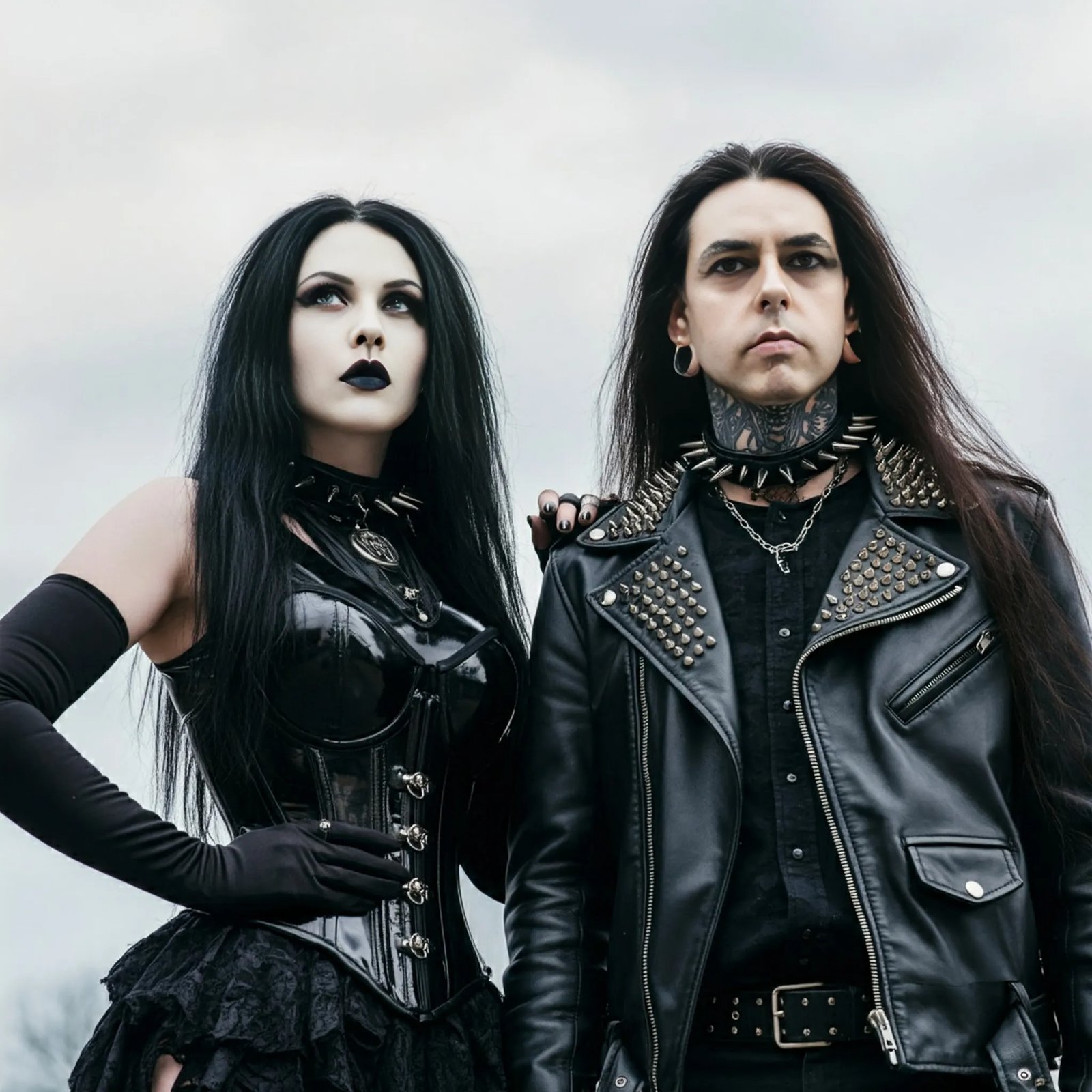 A gothic woman in a black corset and long gloves standing next to a black metalhead man in a leather jacket with studs, both looking intensely into the distance, with a moody overcast sky.