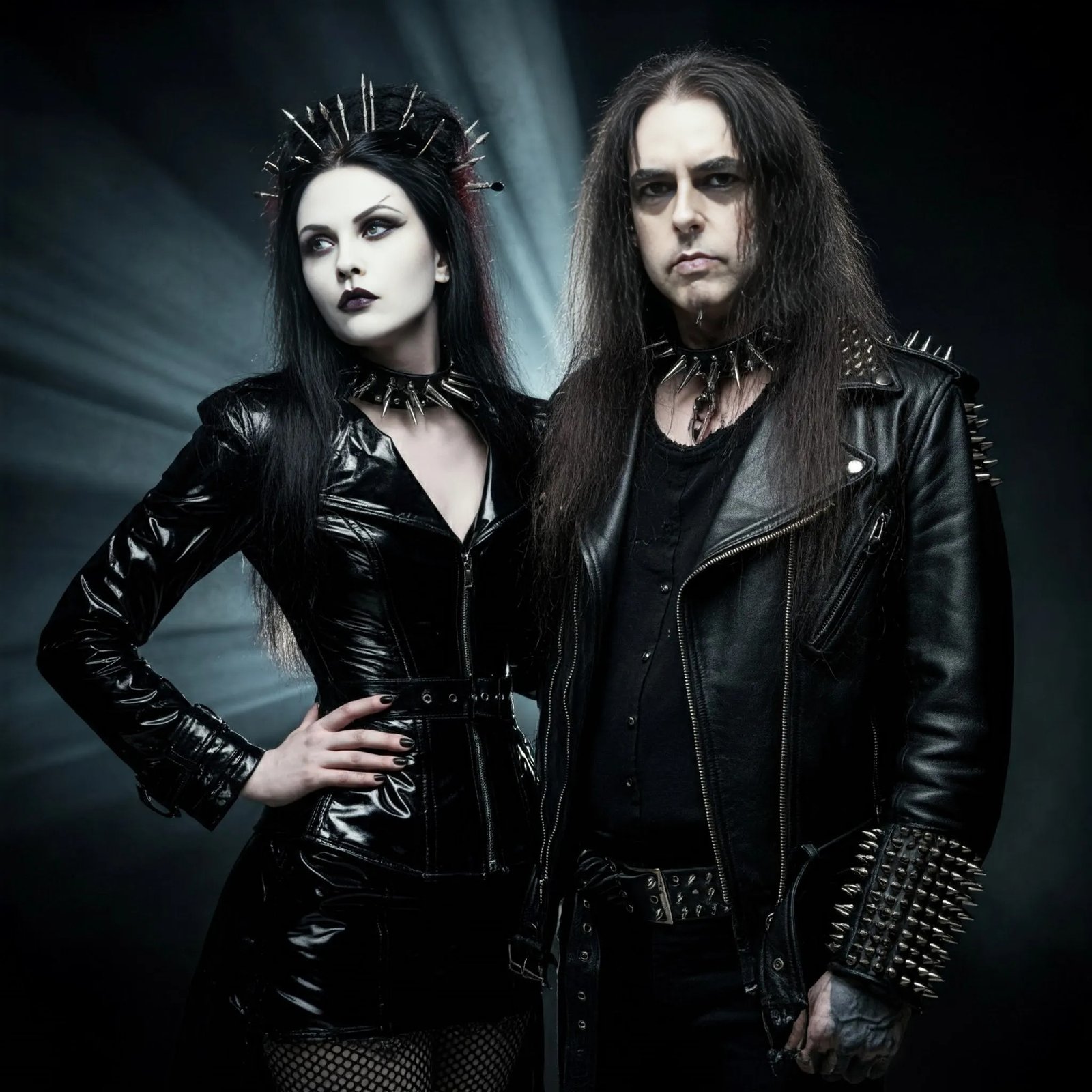 A gothic woman in a black vinyl dress standing confidently next to a black metalhead man wearing a studded leather jacket, both with intense, dark makeup and spiked accessories.