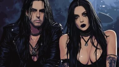 A goth couple in leather and dark makeup, sitting together in an intense atmosphere, with club lighting reflecting their underground aesthetic.