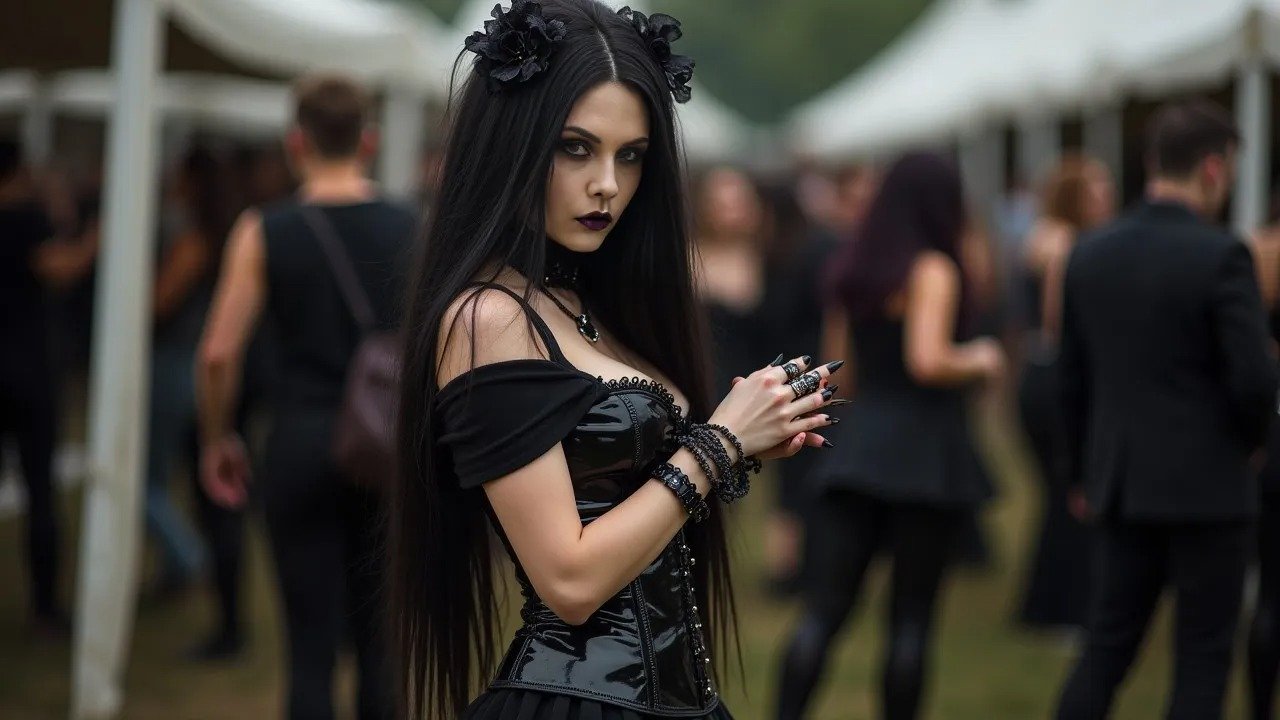 Gothic woman in black latex corset, adorned with black floral headpieces, attending an outdoor festival, surrounded by other attendees dressed in black.