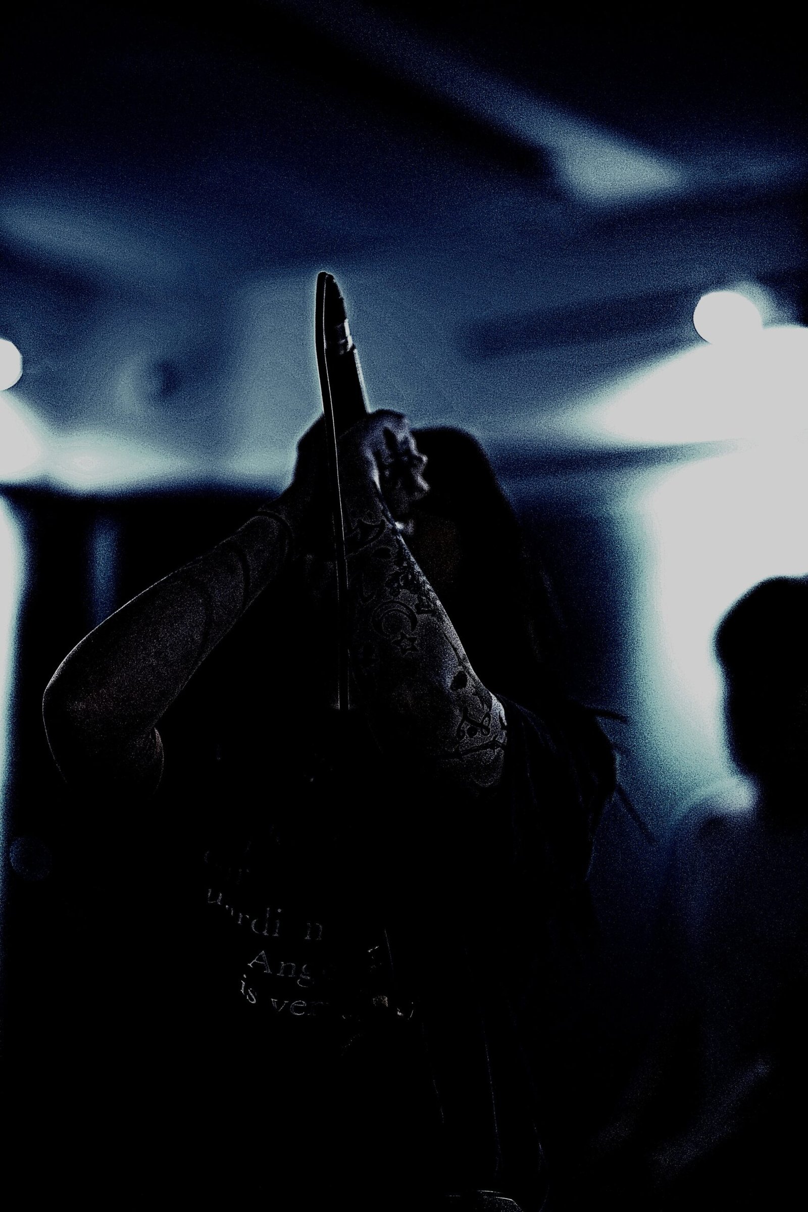 Shadowy scene of a tattooed woman singing into a microphone during a dark, intense live performance.