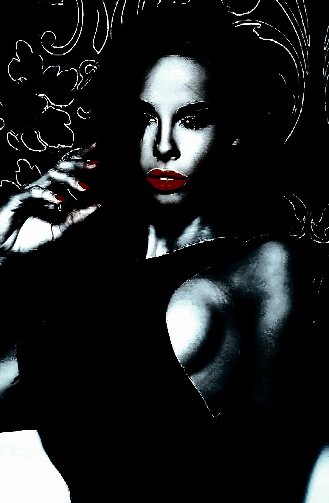 Mysterious woman in a dark setting, highlighted with red lips, embracing a seductive and confident look. 