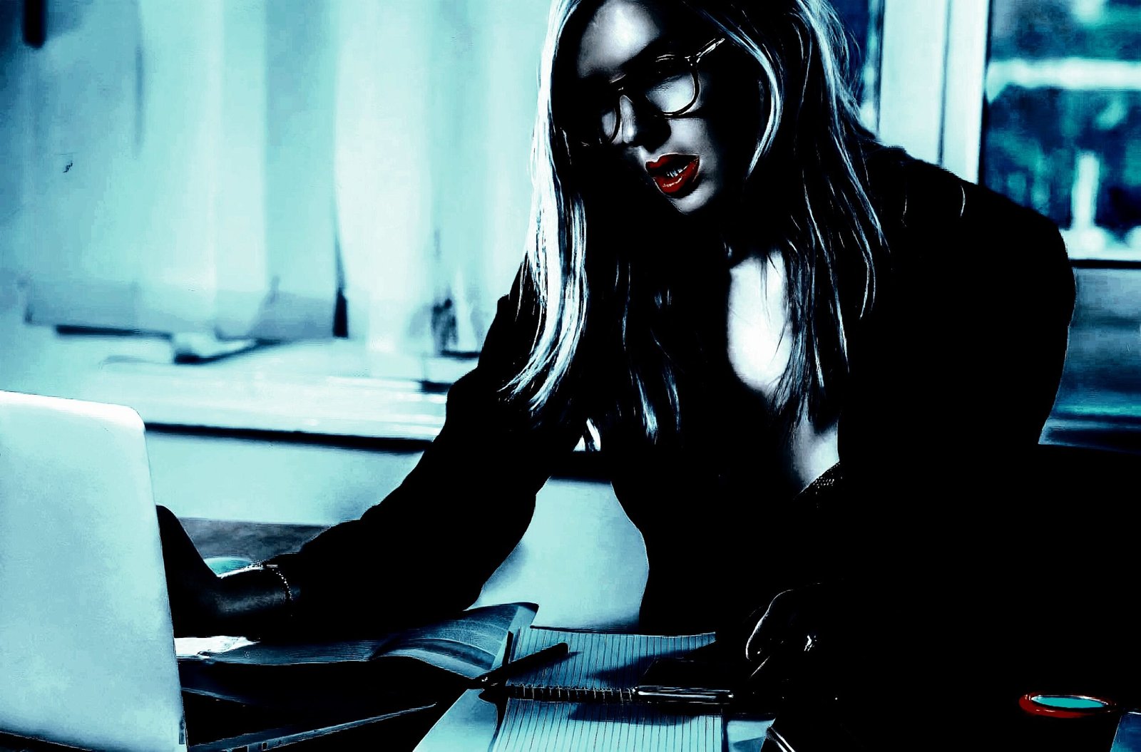 Glamorous woman in a luxurious setting, wearing dark lipstick and glasses, embodying a fierce and stylish attitude.