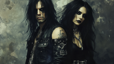 A gothic couple dressed in black with tattoos and heavy makeup, sitting in a brooding atmosphere, channeling the dark energy of underground metal.