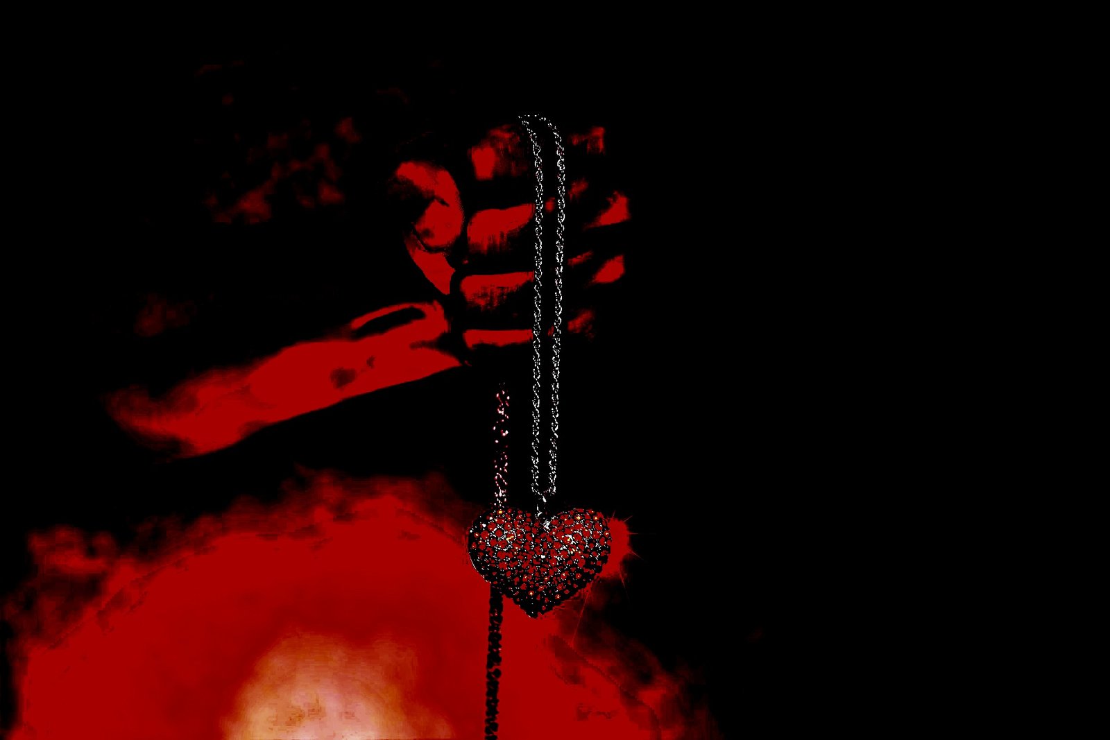 Hand holding a dark heart-shaped pendant in a blood-red, ominous light, symbolizing gothic romance and mystery. 