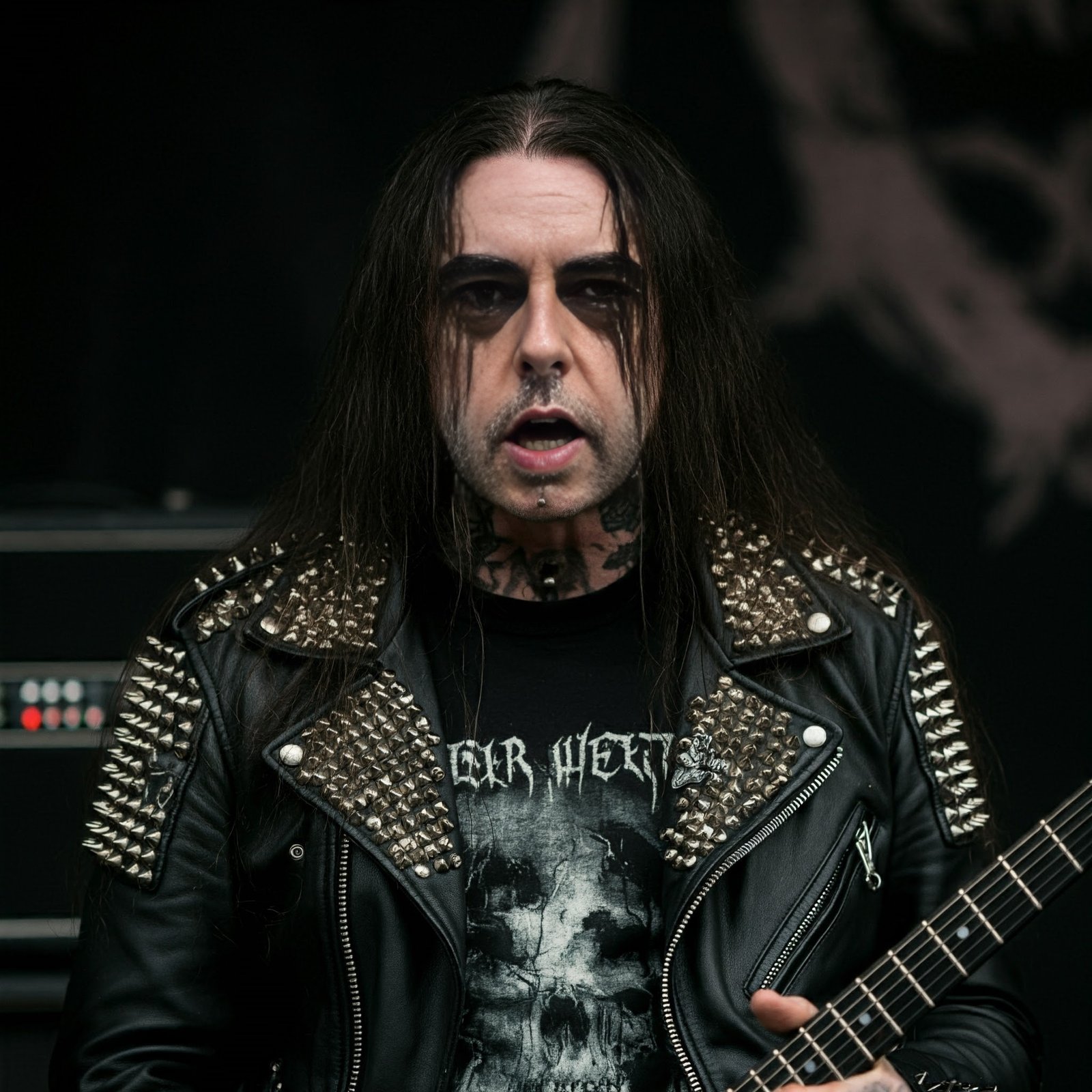 A black metalhead man in a studded leather jacket and corpse paint performing on stage with his guitar, exuding raw, dark energy.