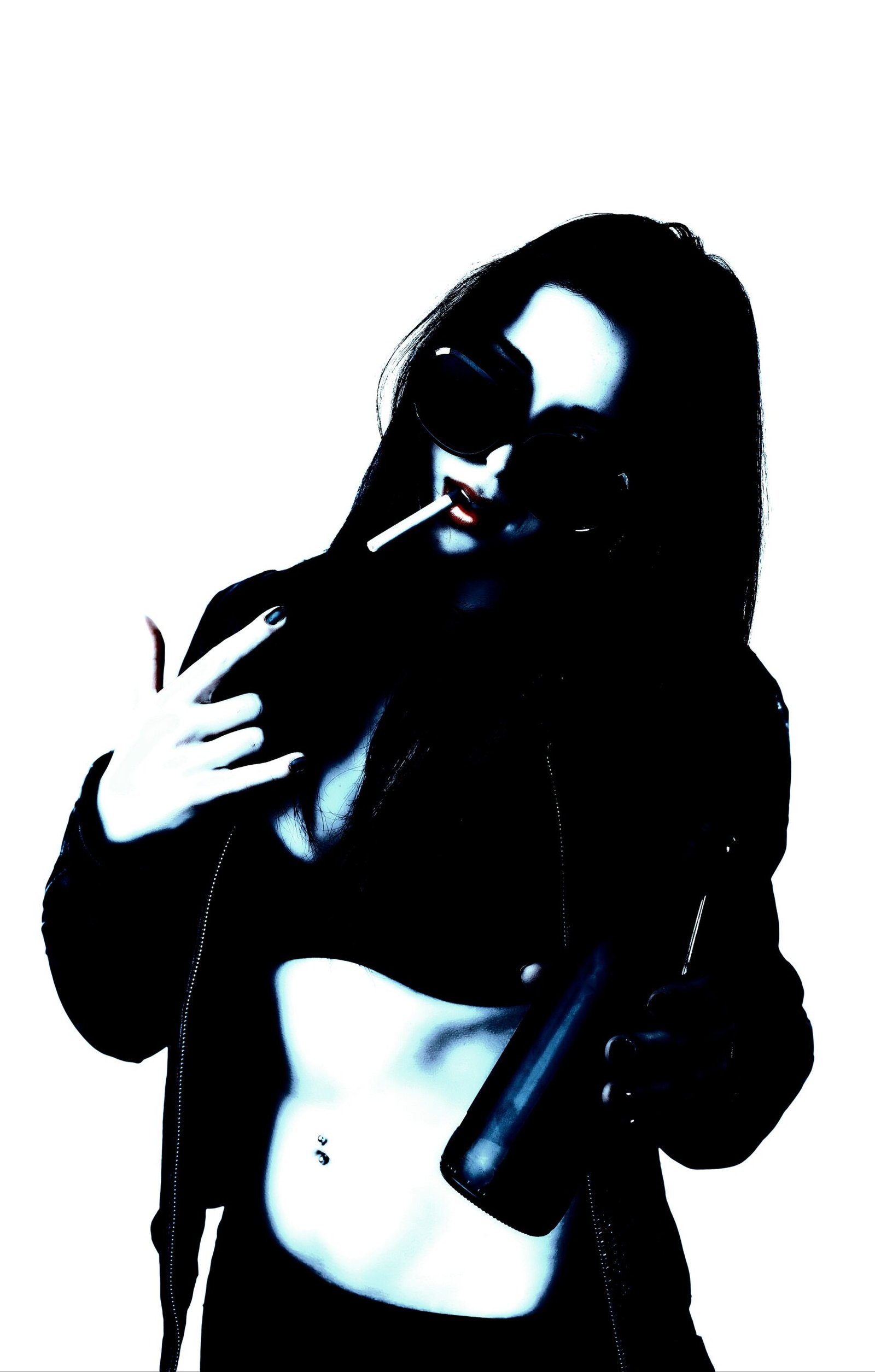 A rebellious woman with dark sunglasses, smoking a cigarette and holding a bottle, showcasing a carefree, unapologetic attitude in a high-contrast, punk-inspired style.
