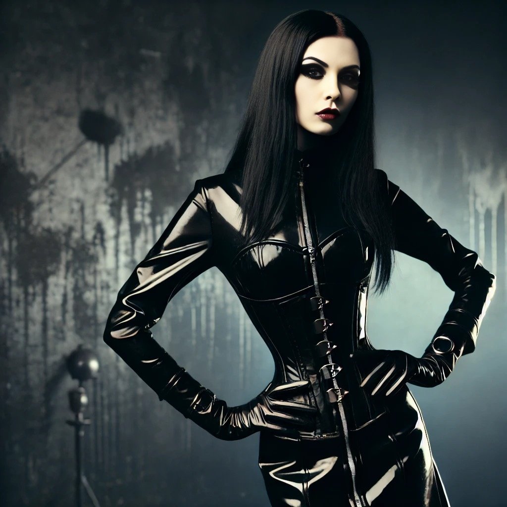 A gothic woman in a sleek, black vinyl corset with dark makeup, posing confidently in front of a textured, moody background.