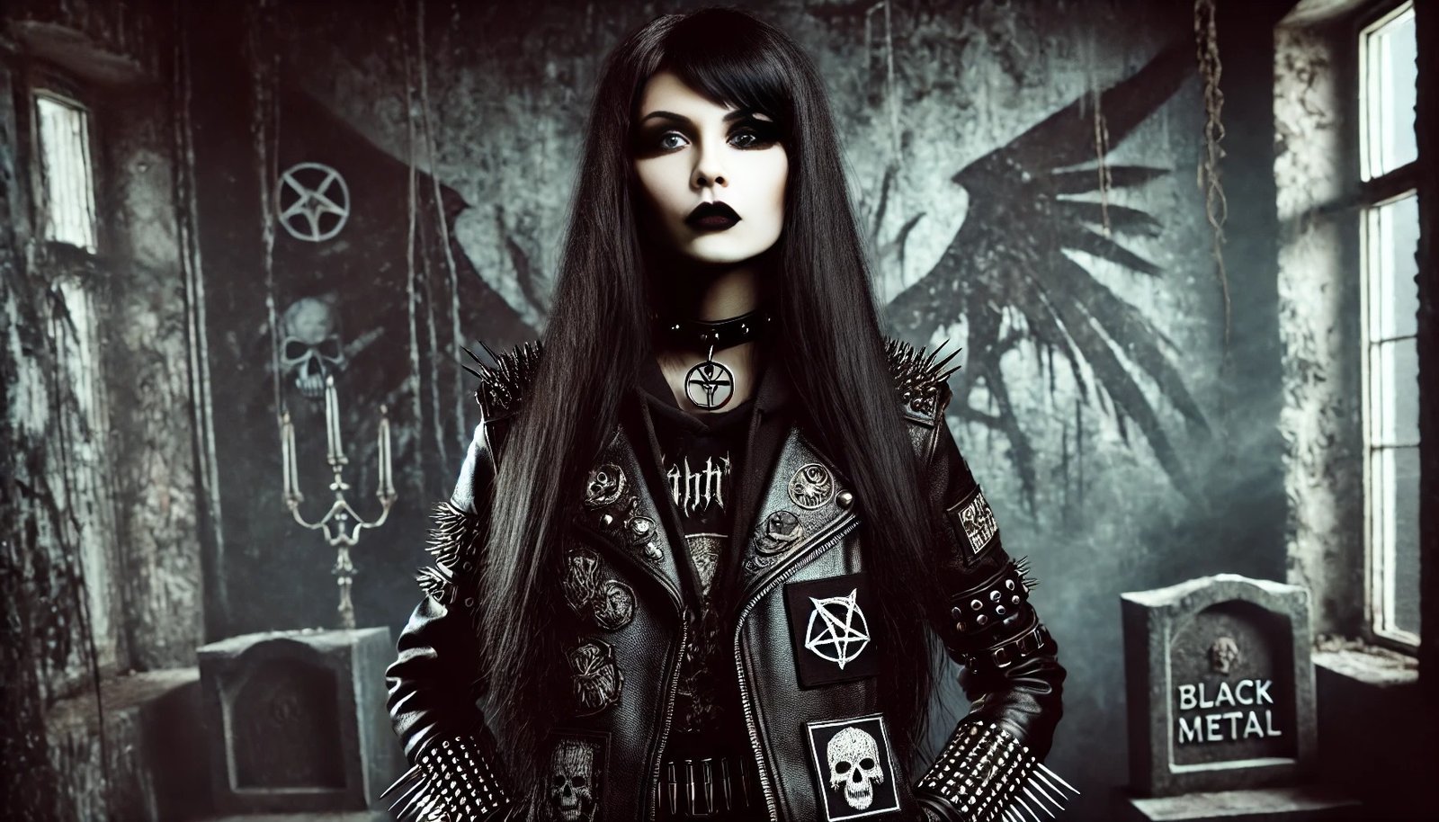 Gothic black metal woman with long black hair wearing a leather jacket adorned with metal spikes and patches, standing in a dark room with skulls and pentagrams on the walls.
