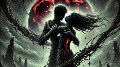 Silhouetted figures entwined in a dark, vine-like embrace under a blood-red moon, symbolizing a toxic, doomed love amidst a desolate landscape.