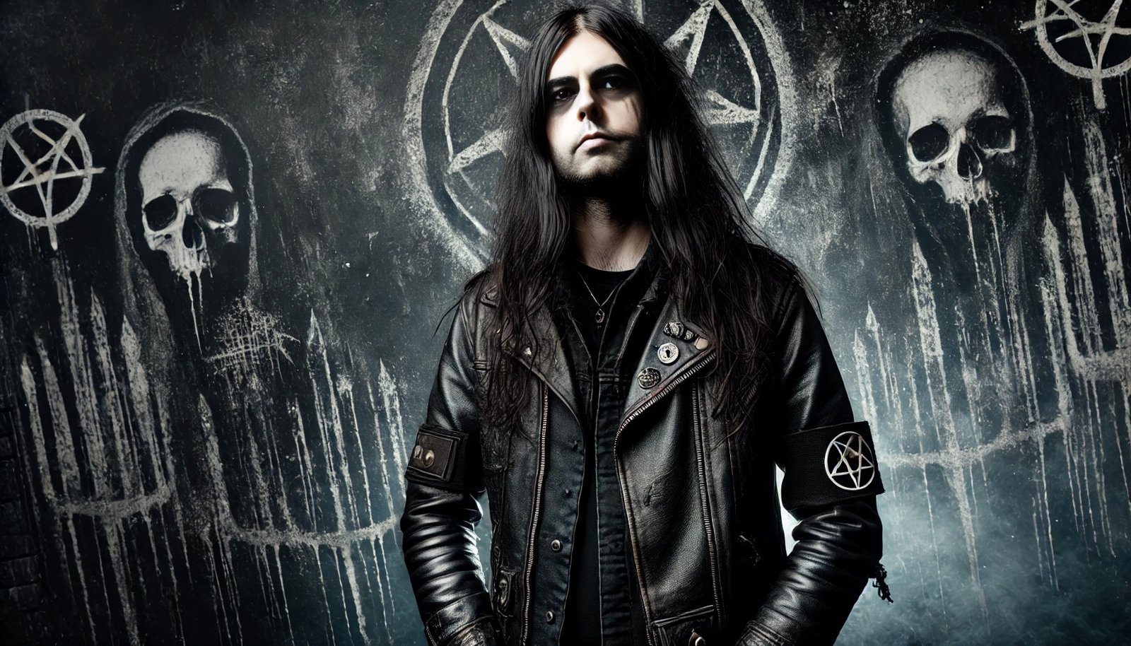 A black metal man wearing a leather jacket with band patches, standing confidently against a dark wall with pentagram and skull graffiti.