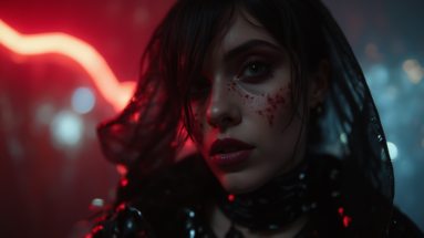 Close-up of a gothic woman's face with smeared blood on her cheek, illuminated by ominous red and blue neon lighting.