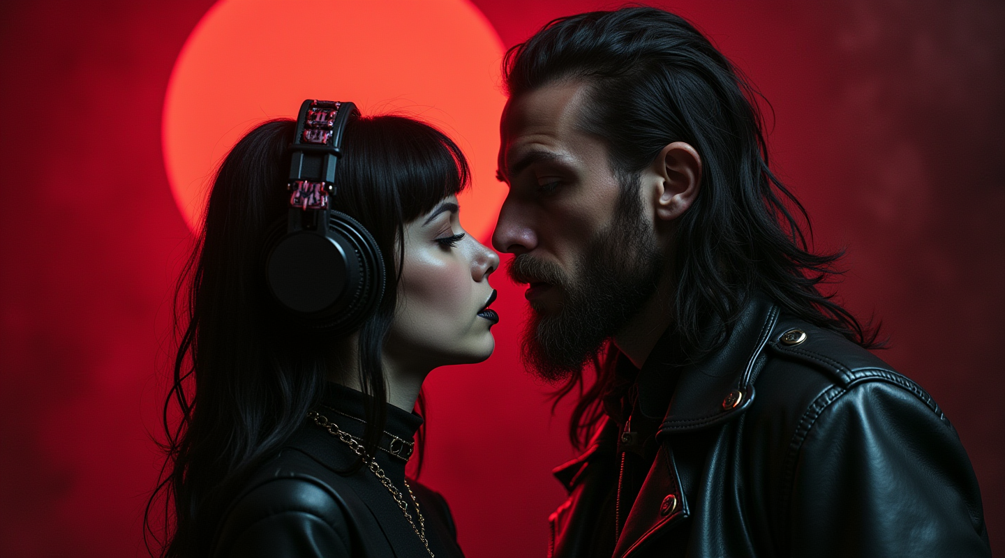 A gothic woman with headphones and dark makeup stares closely at a bearded man with long hair and a leather jacket, set against a red circular backdrop.