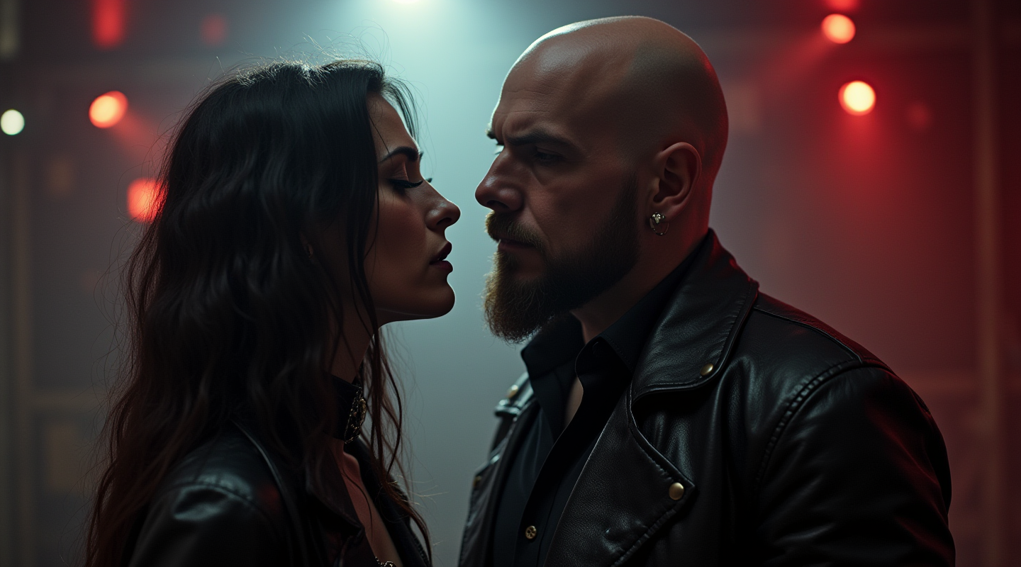 A gothic woman with long dark hair and a choker faces a bald man with a thick beard and a leather jacket, both standing in a smoky, red-lit environment.