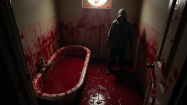 Grimy, blood-soaked bathroom scene with a surreal and chaotic vibe, featuring a shadowy figure and a bathtub filled with red liquid, capturing the essence of 'Hygienic Homicide Redux' by Bathtub Butchers.