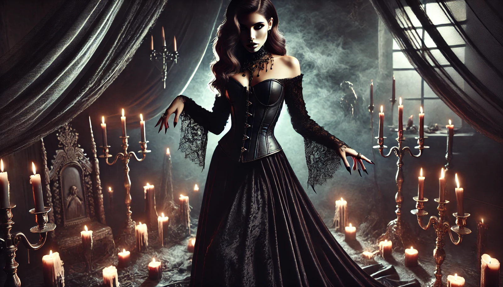 Dressed to kill A gothic woman in a leather corset and flowing velvet skirt stands in a dimly lit room, surrounded by flickering candles and dark curtains, exuding an aura of mystery and power.