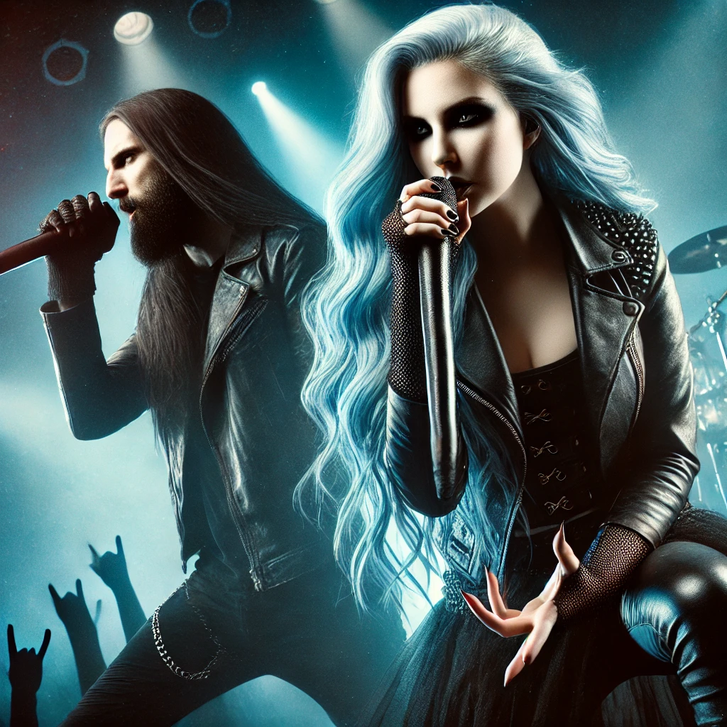 inspired by Alissa White-Gluz and Anders Fridén performing together on stage, with Alissa's blue hair flowing and Anders' rugged presence, captured in a dramatic, energetic concert scene.