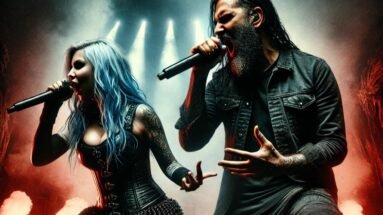 Inspired by Alissa White-Gluz of Arch Enemy and Anders Fridén of In Flames performing on a dark, apocalyptic stage with intense red and blue lighting and a sea of raised hands in the crowd.