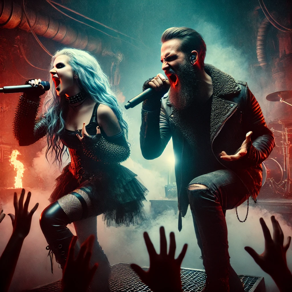 Inspired by Alissa White-Gluz and Anders Fridén delivering a powerful concert performance on a dark stage, surrounded by intense lighting and a dystopian cityscape in ruins.