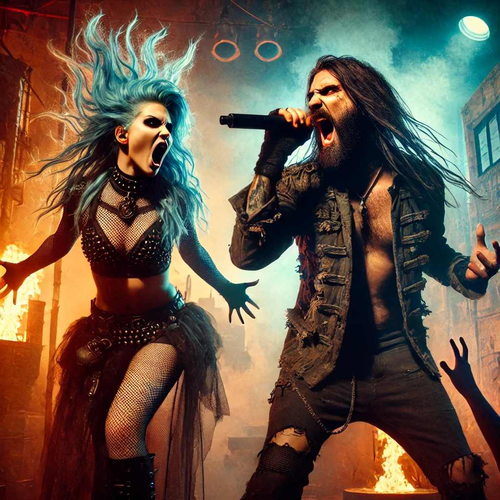 A fierce performance inspired by Alissa White-Gluz of Arch Enemy and Anders Fridén of In Flames, set against a fiery, post-apocalyptic backdrop with flames and smoke swirling around them.