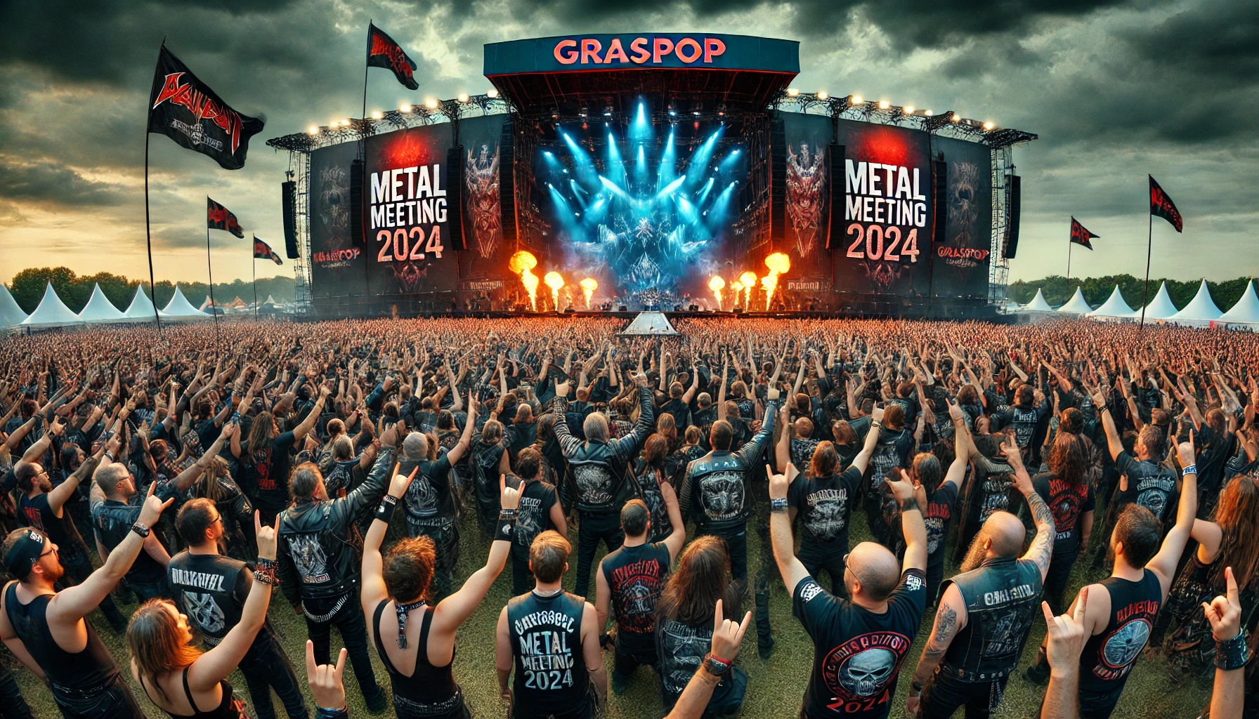 An iconic scene of Graspop Metal Meeting 2024, featuring a large crowd of metal fans raising their hands in front of a massive stage, with pyrotechnics, dramatic lighting, and banners waving under a stormy sky.
