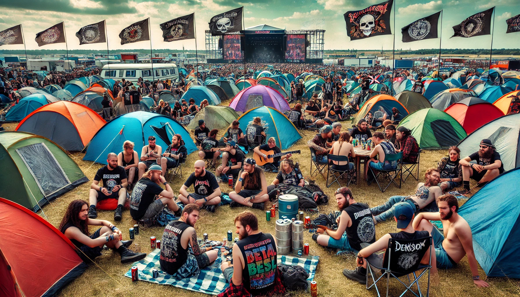 A vibrant scene of the camping area at Graspop Metal Meeting 2024, with festival-goers relaxing among colorful tents, enjoying drinks and music while flags with band logos wave in the background. 