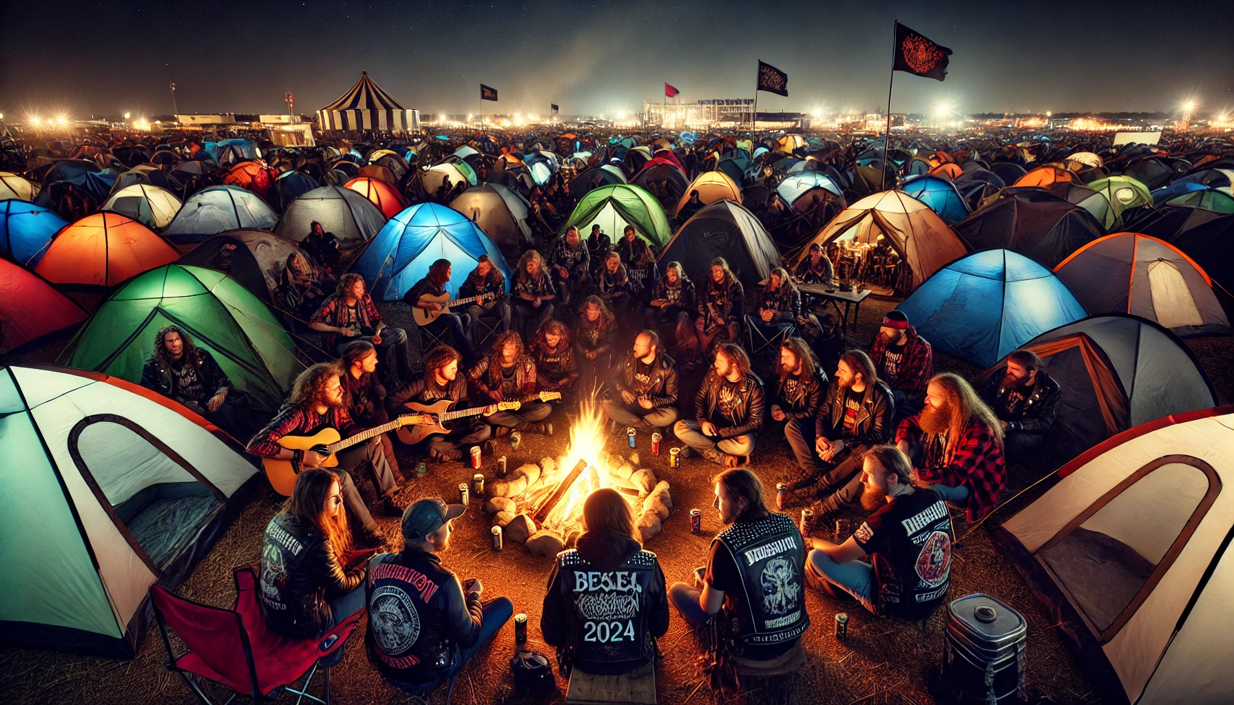 A nighttime scene at the camping area of Graspop Metal Meeting 2024, with groups of friends gathered around campfires, playing guitars and enjoying the atmosphere among illuminated tents and under a starry sky.
