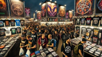 A bustling scene at the merchandise area of Graspop Metal Meeting 2024, with festival-goers exploring stalls filled with band t-shirts, hoodies, and exclusive metal merchandise, under bright festival lights and banners.