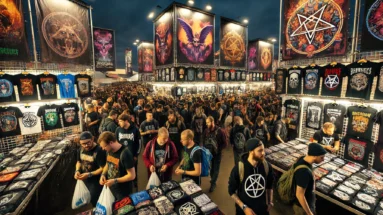 A bustling scene at the merchandise area of Graspop Metal Meeting 2024, with festival-goers exploring stalls filled with band t-shirts, hoodies, and exclusive metal merchandise, under bright festival lights and banners.