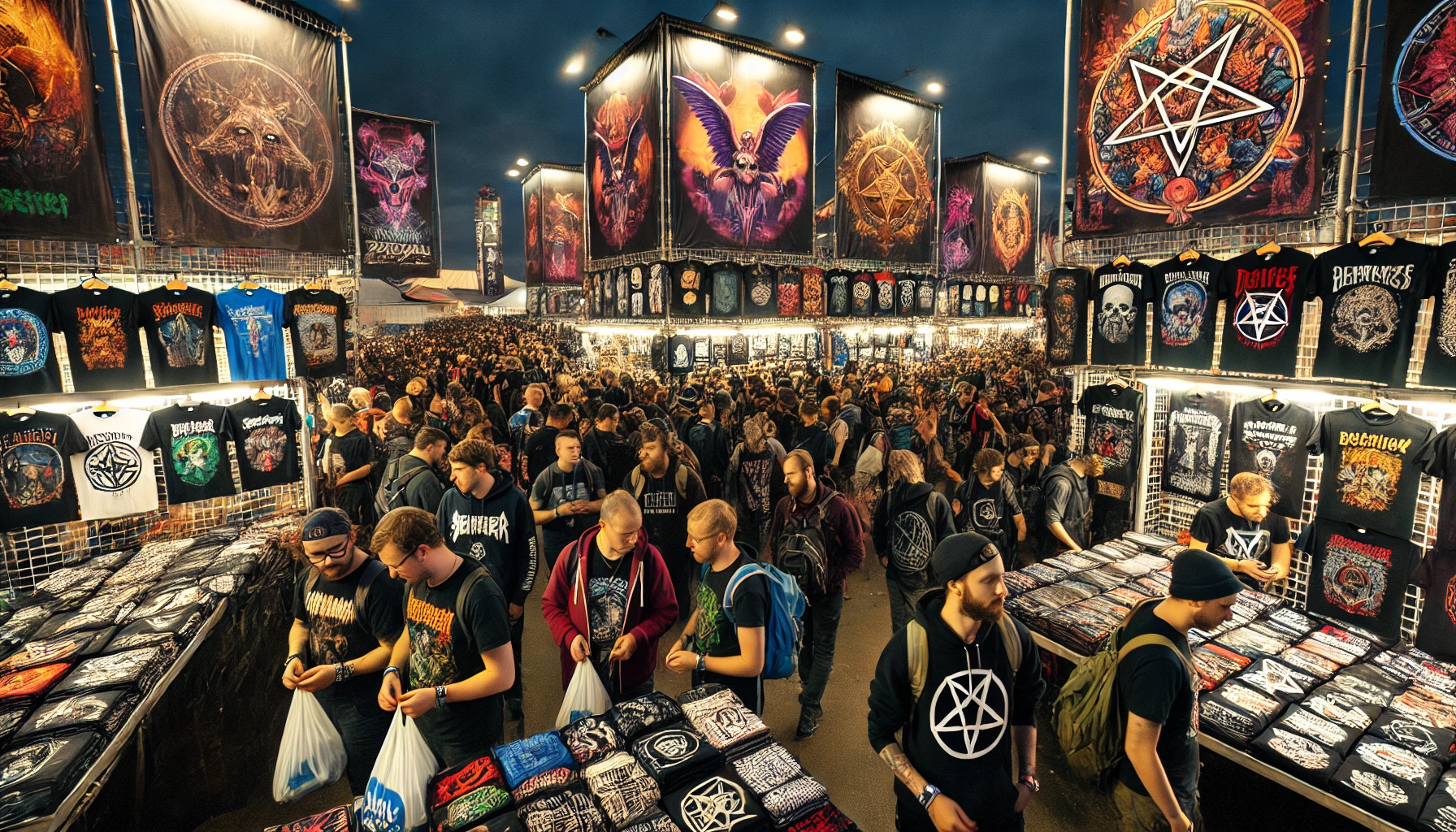 A bustling scene at the merchandise area of Graspop Metal Meeting 2024, with festival-goers exploring stalls filled with band t-shirts, hoodies, and exclusive metal merchandise, under bright festival lights and banners.