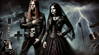 A metalhead man wearing a studded leather jacket stands confidently beside a gothic woman in a dark lace dress, with stormy clouds and a lightning-filled sky in the background, capturing the intense spirit of the metal community.