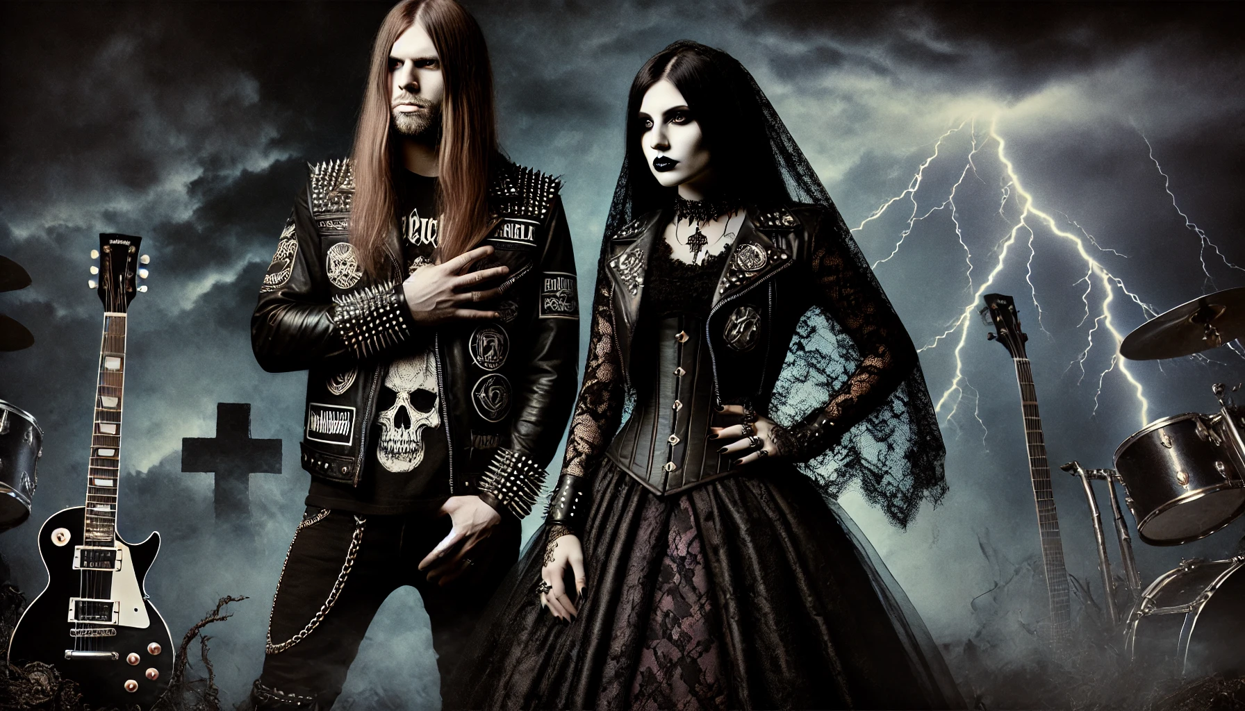 A metalhead man wearing a studded leather jacket stands confidently beside a gothic woman in a dark lace dress, with stormy clouds and a lightning-filled sky in the background, capturing the intense spirit of the metal community.