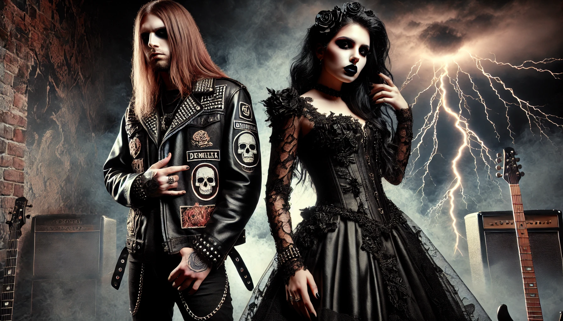 A metalhead man with long hair and a leather jacket stands alongside a gothic woman in a lacy black dress, both set against a stormy sky with lightning, symbolizing rebellion and defiance. 