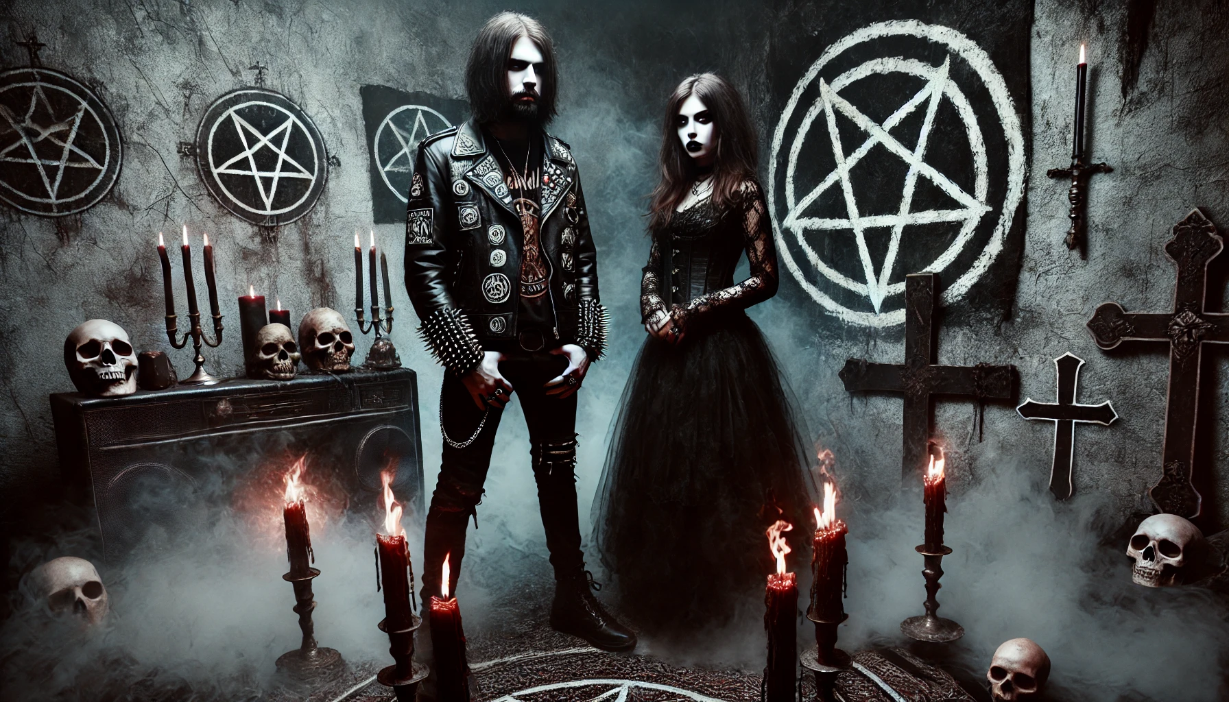 Gothic man and woman in black attire standing near pentagrams, skulls, and ritual candles, representing anti-religious themes in the metal scene.