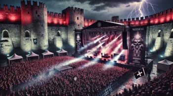 Metal festival in stone fortress, red and purple lights, band performing, and fans under a lightning-filled sky.